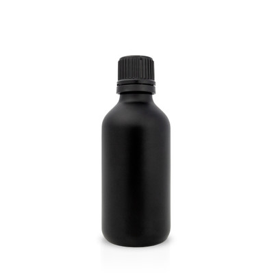 60ml black coated glass essential oil bottle with a secure cap, reflecting quality and precision in its sleek, UV-protective design, ideal for preserving the purity of contained liquids.